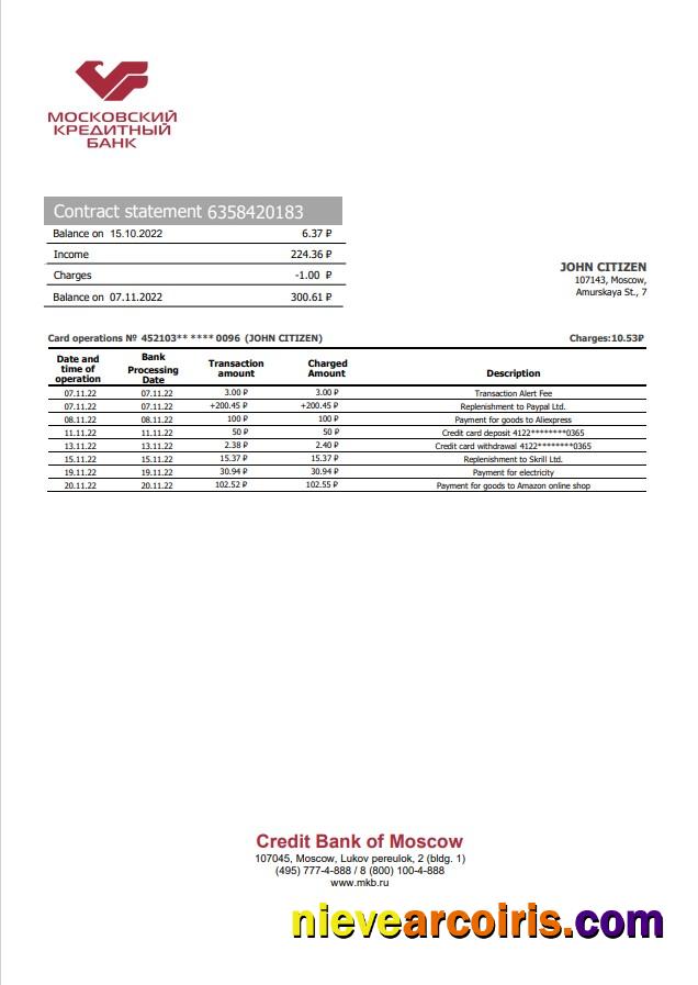 Russia Credit Bank of Moscow bank statement